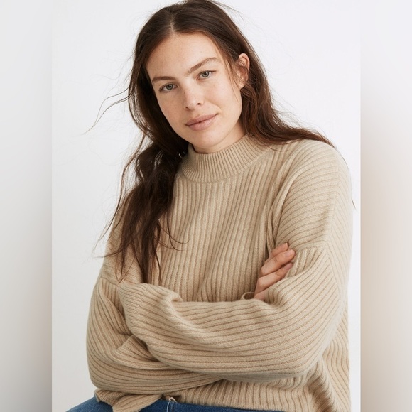 Madewell (Re)sourced Cashmere Ribbed Mockneck Pullover Sweater Heather Beige M - Picture 1 of 12